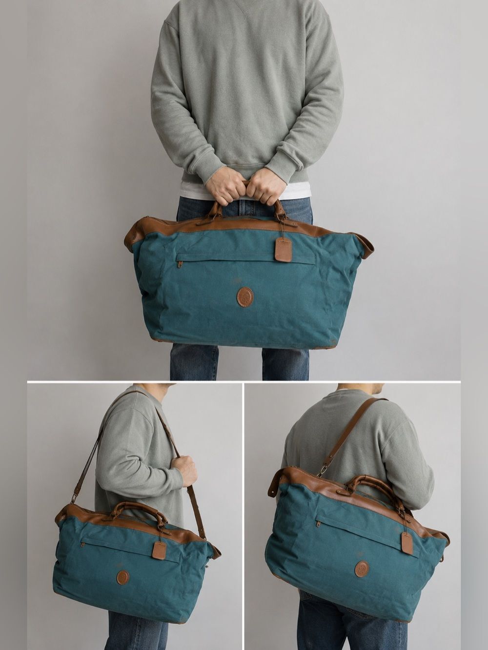 Vintage Travel Duffle Traveler Green Brown Weekend Faux Leather Trim See Notes